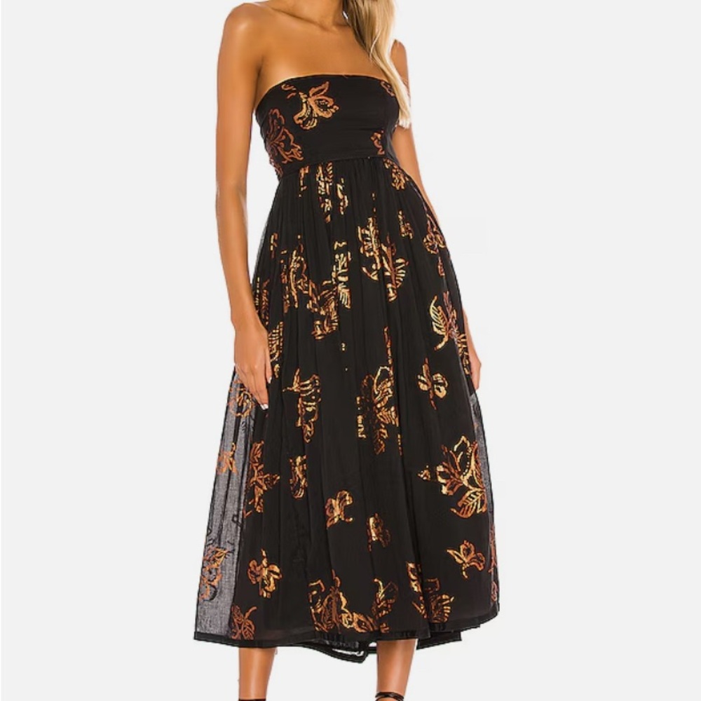Free People Black and Orange Floral Midi Dress
